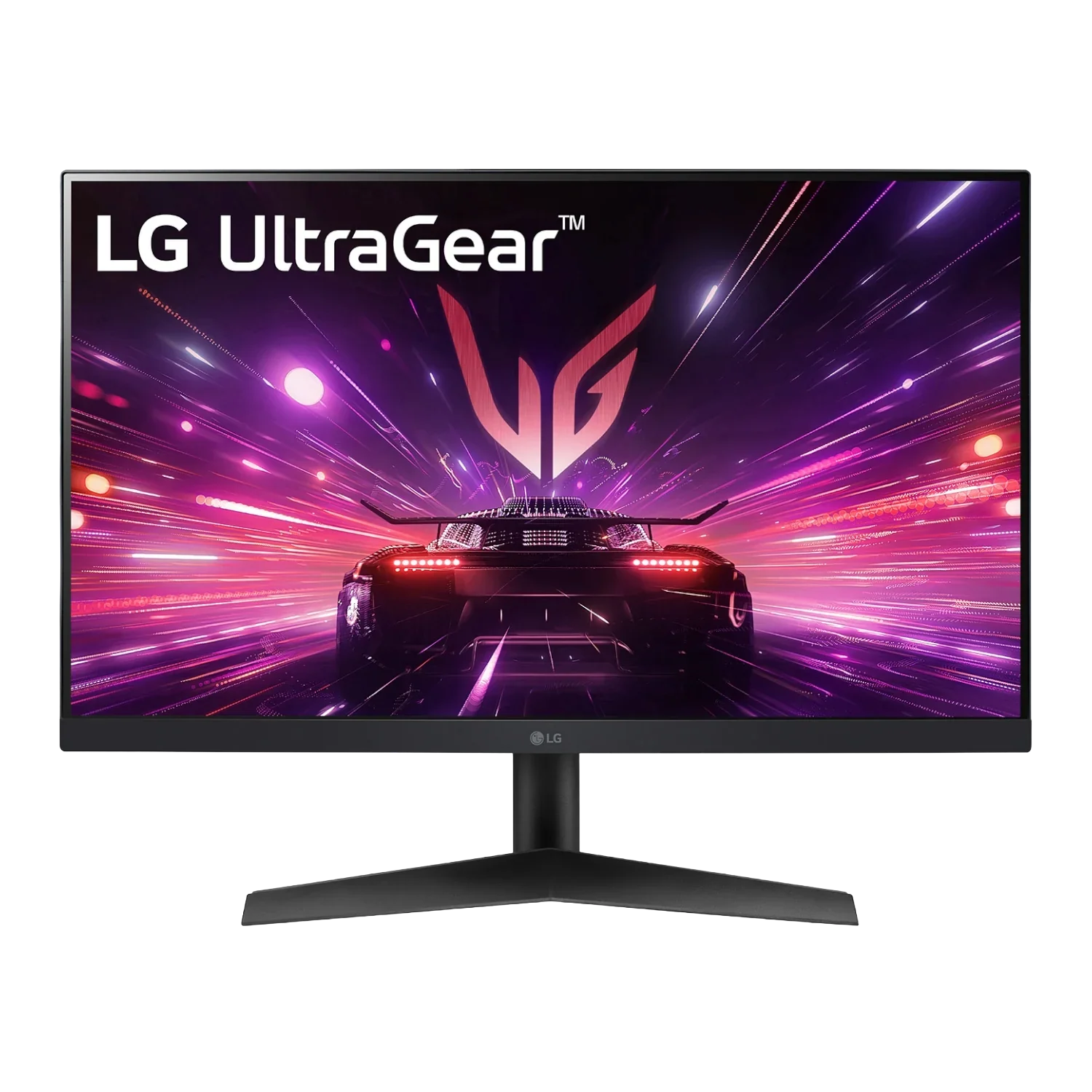 LG UltraGear 24-inch FHD IPS gaming monitor with vivid racing graphic on screen