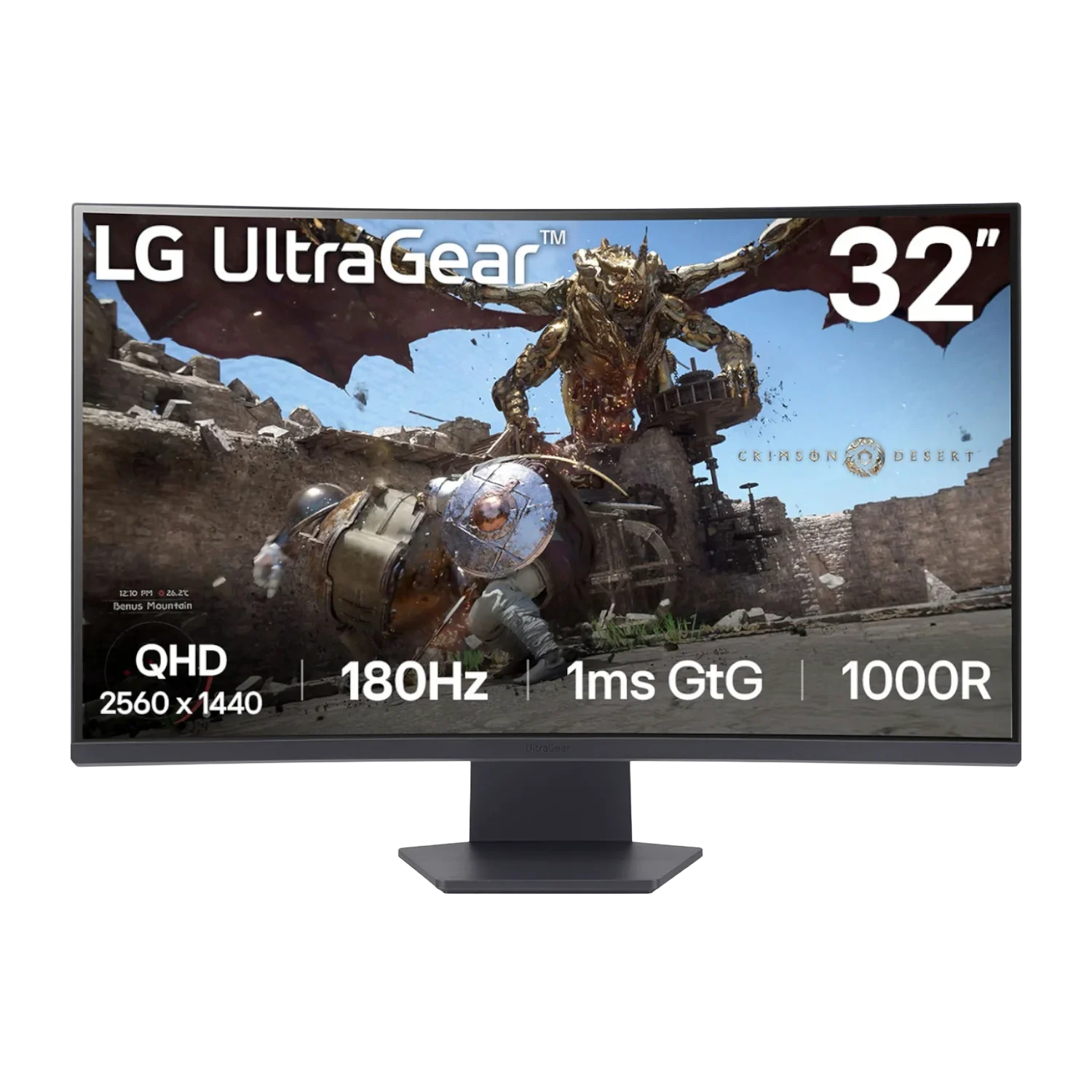 32-inch curved gaming monitor displaying fantasy game, QHD 2560x1440, 180Hz, 1ms, 1000R