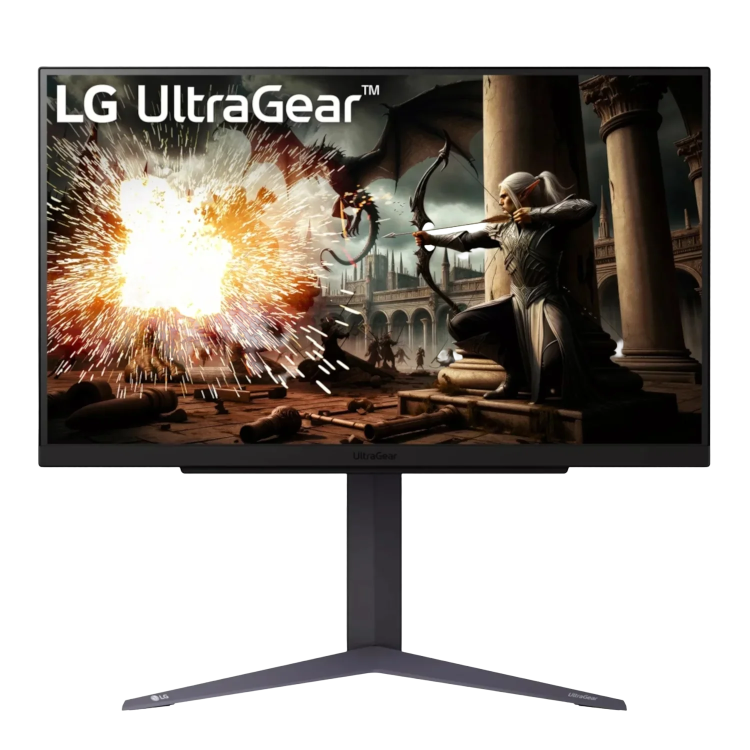 LG UltraGear gaming monitor displaying fantasy action with archer and explosion