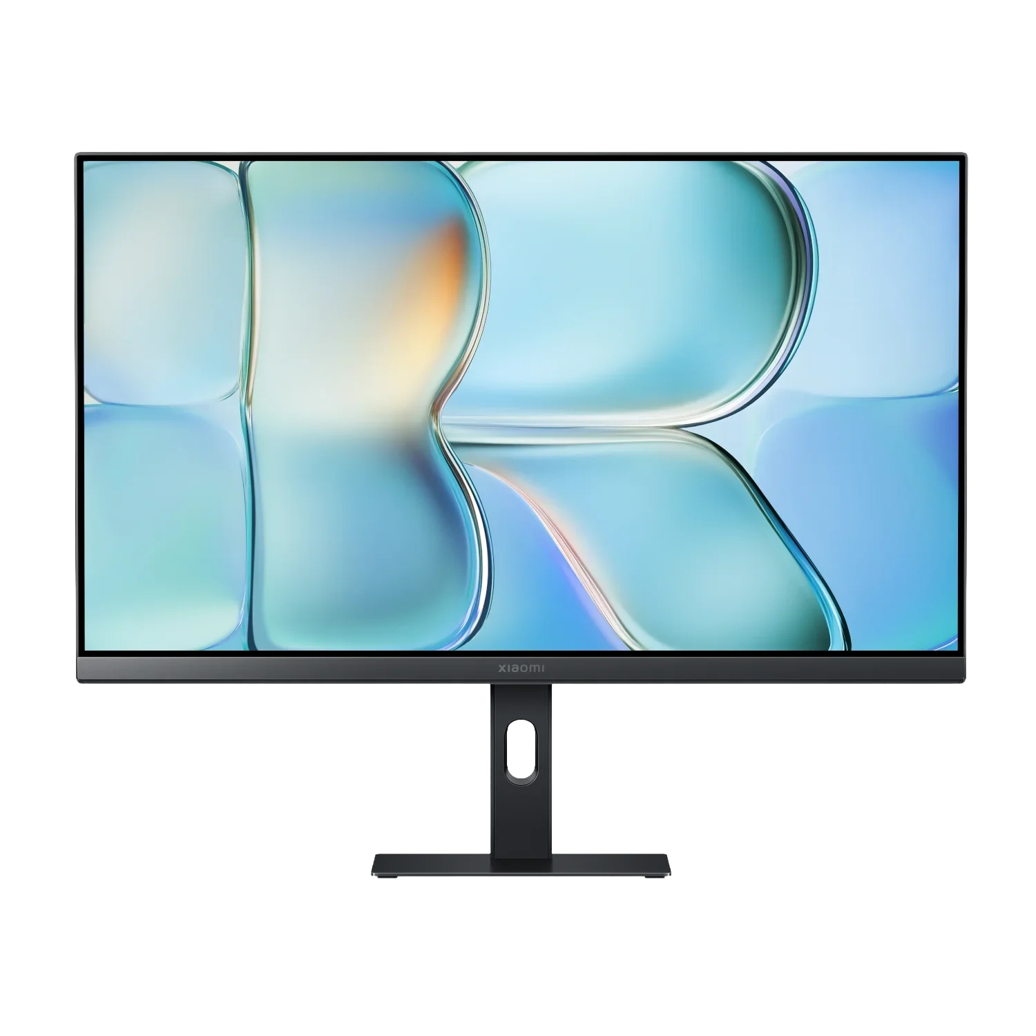 Xiaomi 24-inch monitor with slim bezels, 1080p resolution, on a black stand, front view.