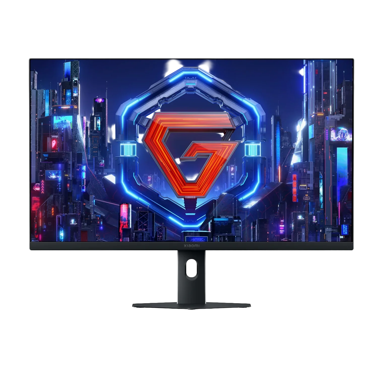 27-inch QHD gaming monitor displaying futuristic cityscape and neon graphics on screen
