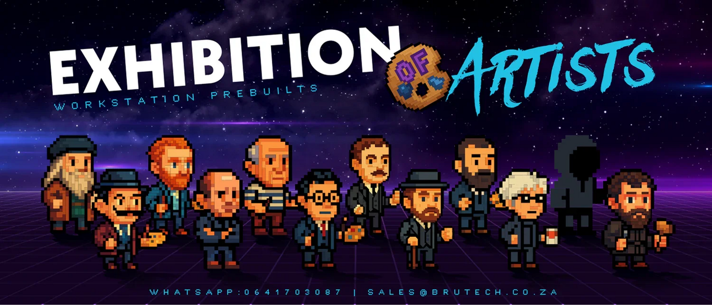 Pixel art of famous artists with 'Exhibition of Artists Workstation Prebuilts' text in space-themed background