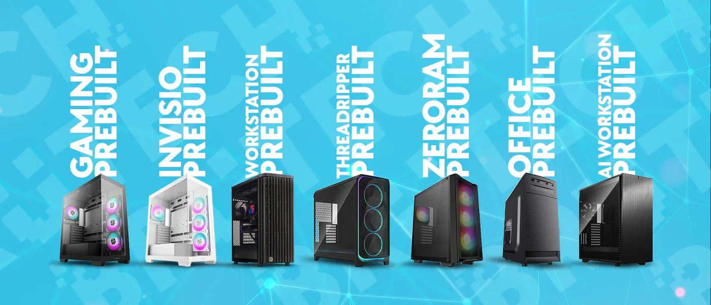 Lineup of prebuilt desktop PCs for gaming, workstation, office, and AI, on blue tech background